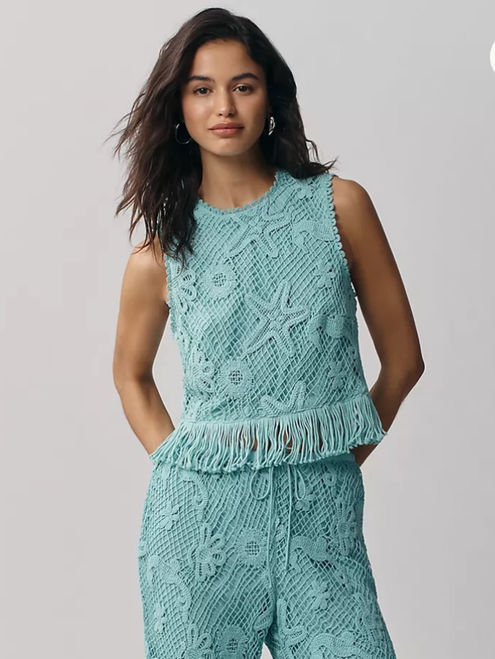 Saylor Sleeveless Crochet Fringe Top - Aqua NWT